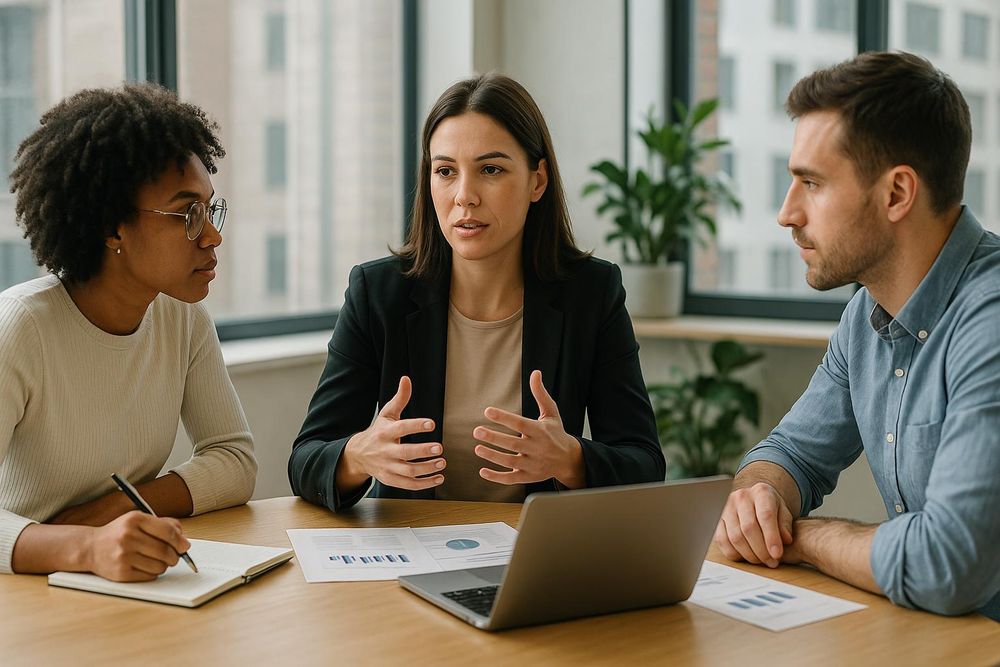 Business meeting discussion with three colleagues