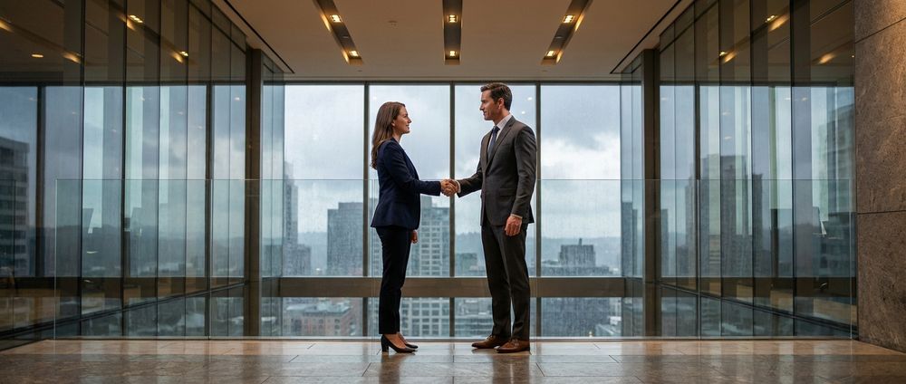 Colleagues greeting in glass-walled conference room