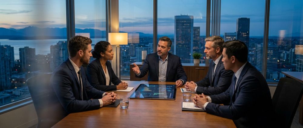Team discussing around conference table