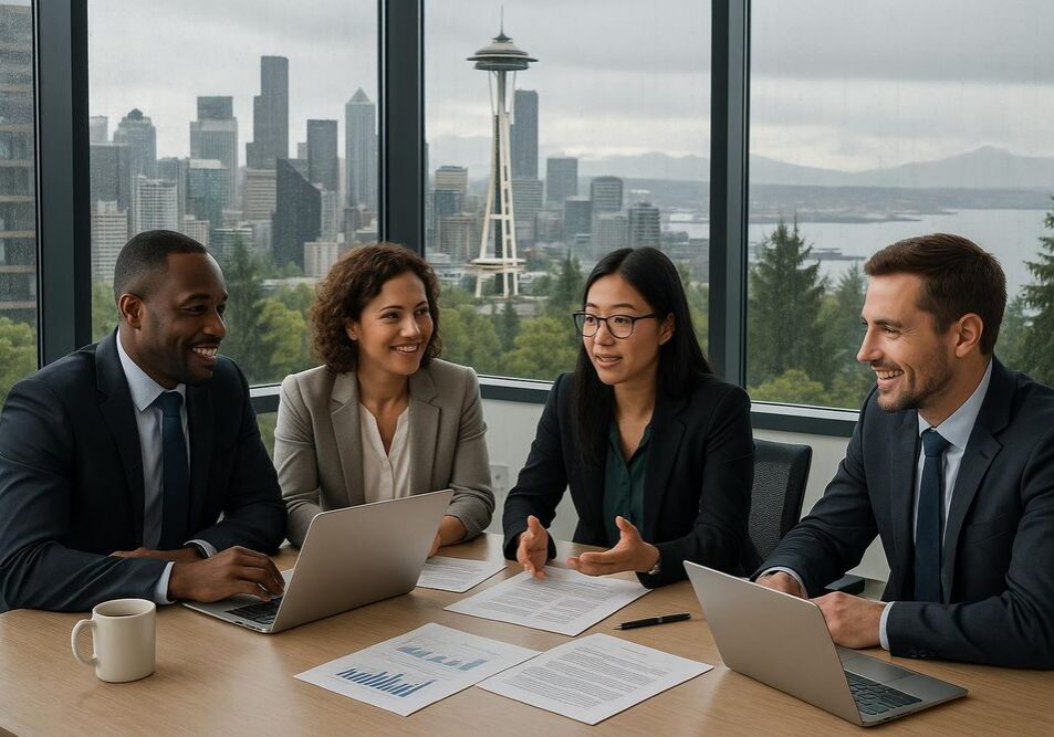 Team discussing at conference table