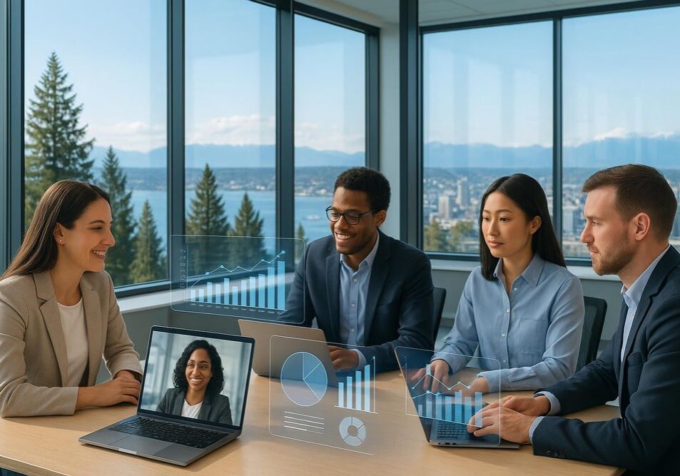 Team discussing in modern office
