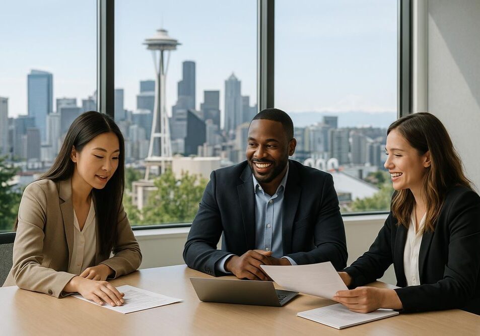 Colleagues collaborating in modern conference room