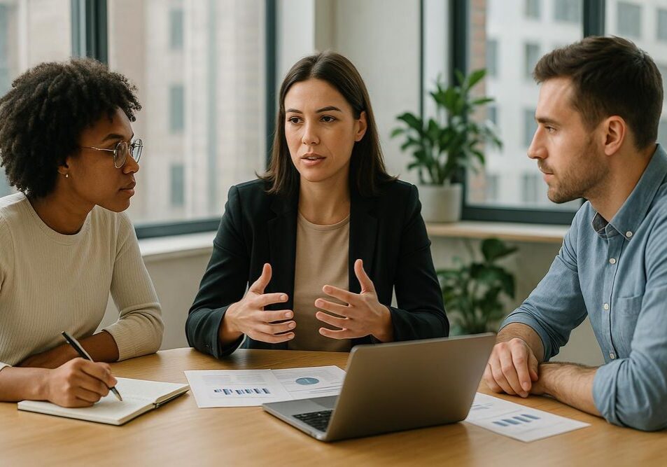 Business meeting discussion with three colleagues
