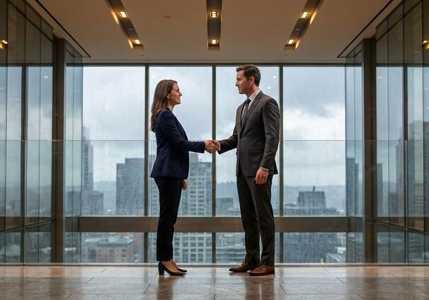 Colleagues greeting in glass-walled conference room