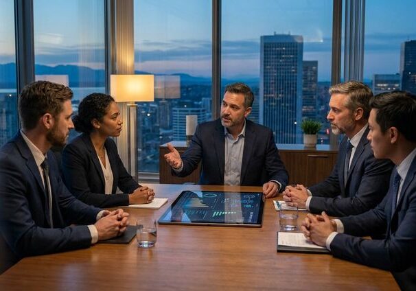 Team discussing around conference table